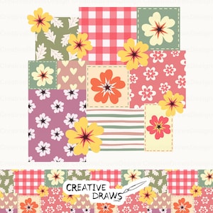 May include: A patchwork design with diverse fabric patterns, such as gingham, floral, and leaf prints. Yellow and orange flowers are scattered across the design. The text "CREATIVE DRAWS Design" is at the bottom.