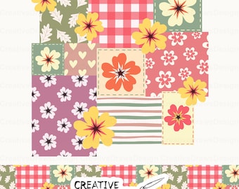 Summer Floral Sublimation PNG and Seamless Pattern Set, Patchwork Digital Download