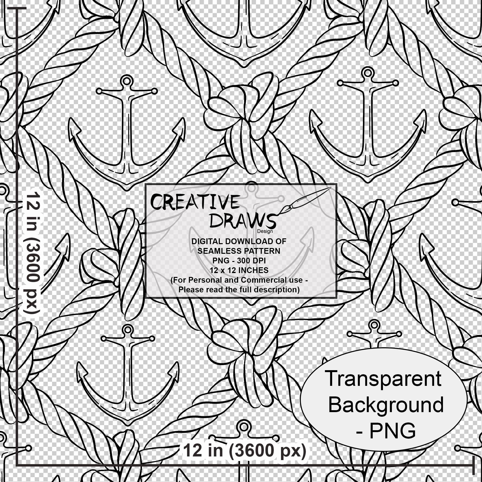 Nautical Seamless Pattern Line Art With Transparent Background, Anchor ...