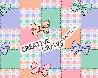 Naadloze patchworkpatroon met strik, pastelkleurige hartruit digitaal papier