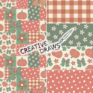 May include: A patchwork design featuring pumpkins, bows, flowers, and gingham patterns in shades of orange, green, and cream. The design includes the text "CREATIVE DRAWS Design".