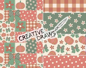 Kürbis Bogen Herbst Patchwork Nahtlose Muster Pack, Herbst Polka Dot-Wiederholung Digitales Papier-Set