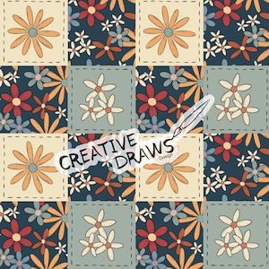 Op de afbeelding: Een naadloos patroon met een patchwork-ontwerp van verschillende bloemenmotieven. Het patroon bevat oranje, rode, witte en blauwe bloemen op een donkerblauwe achtergrond. De tekst "CREATIVE DRAWS Design" is zichtbaar in het midden van de afbeelding.