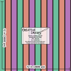 Puede incluir: Patr&oacute;n digital sin costuras con rayas verticales en coral, morado y verde azulado, separadas por l&iacute;neas negras. La imagen incluye el texto "CREATIVE DRAWS Design" y mide 30,48 x 30,48 cm.