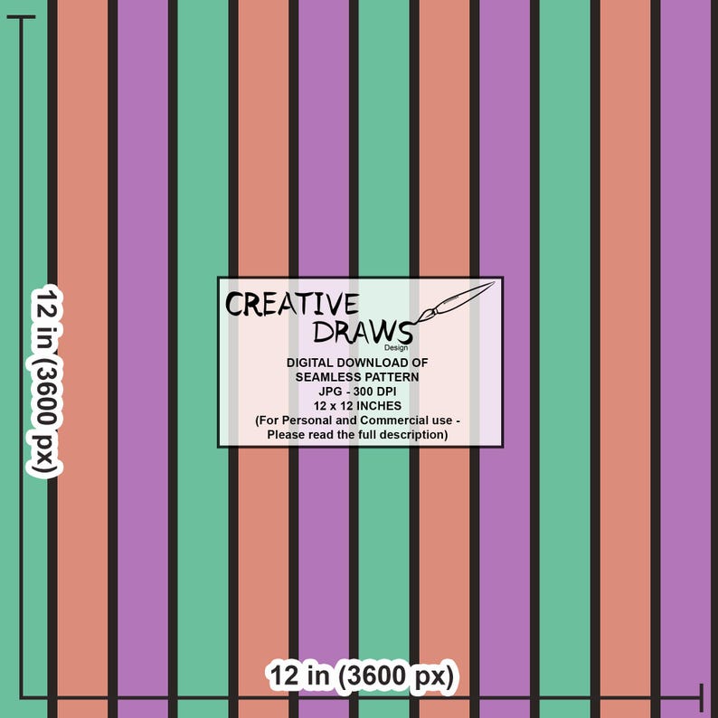 Puede incluir: Patr&oacute;n digital sin costuras con rayas verticales en coral, morado y verde azulado, separadas por l&iacute;neas negras. La imagen incluye el texto "CREATIVE DRAWS Design" y mide 30,48 x 30,48 cm.
