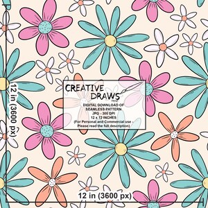 Op de afbeelding: Digitale download van een naadloos bloemenpatroon. Het ontwerp toont herhalende bloemen in roze, teal, oranje en wit, met gele centra, op een cr&egrave;mekleurige achtergrond. Het patroon is 30,48 cm x 30,48 cm groot.