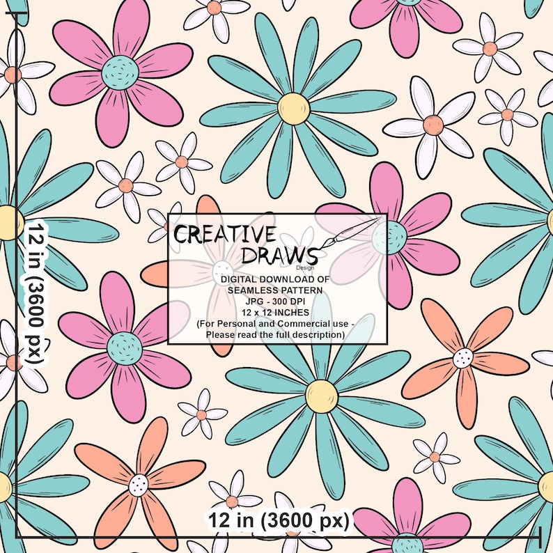 Op de afbeelding: Digitale download van een naadloos bloemenpatroon. Het ontwerp toont herhalende bloemen in roze, teal, oranje en wit, met gele centra, op een cr&egrave;mekleurige achtergrond. Het patroon is 30,48 cm x 30,48 cm groot.