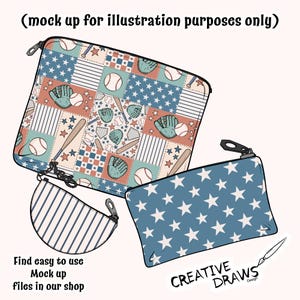 Puede incluir: Tres estuches con cremallera con dise&ntilde;os de b&eacute;isbol. Un estuche grande presenta un patr&oacute;n de patchwork con pelotas de b&eacute;isbol, guantes y bates. Un estuche m&aacute;s peque&ntilde;o tiene un patr&oacute;n de estrellas azules, y otro tiene rayas azules y blancas. El texto dice "Find easy to use Mock up files in our shop".