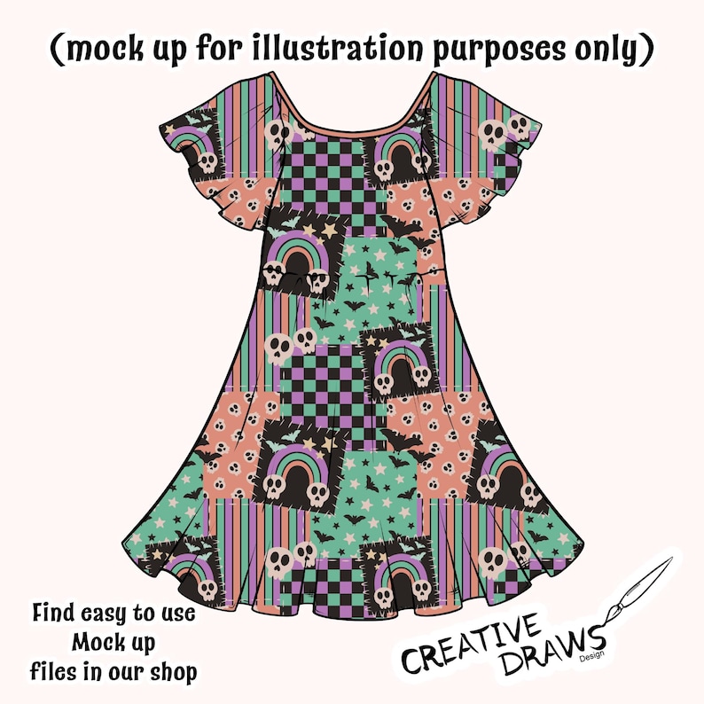 Op de afbeelding: Een patchwork jurk met een Halloween thema. Het ontwerp bevat dambordpatronen, strepen, regenbogen, schedels, vleermuizen en sterren. Het kleurenpalet omvat tinten roze, groen, paars en zwart. De tekst op de afbeelding luidt "(mock up for illustration purposes only)" en "Find easy to use Mock up files in our shop".