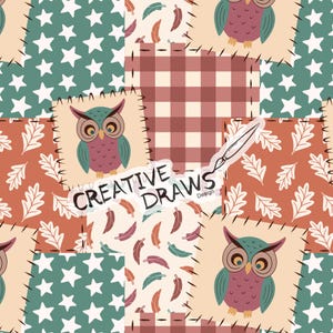 May include: A patchwork design featuring owls, stars, leaves, feathers, and gingham patterns in shades of teal, brown, and cream. The design includes the text "CREATIVE DRAWS Design" with a paintbrush illustration. The overall theme is whimsical and artistic.