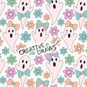 Floral Bow Ghosts Seamless Pattern, Halloween Digital Repeat Pattern for Personal and Commercial use