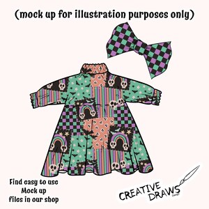 Puede incluir: Vestido y lazo a juego con estampado de patchwork. El vestido presenta calaveras, arco&iacute;ris, estrellas y cuadros en tonos turquesa, morado y melocot&oacute;n. El texto "Find easy to use Mock up files in our shop" es visible.
