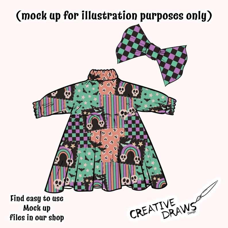 Puede incluir: Vestido y lazo a juego con estampado de patchwork. El vestido presenta calaveras, arco&iacute;ris, estrellas y cuadros en tonos turquesa, morado y melocot&oacute;n. El texto "Find easy to use Mock up files in our shop" es visible.
