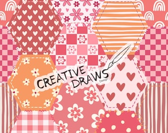 Heart Floral Hexagon Patchwork Seamless Pattern, Valentine Repeat Digital Paper