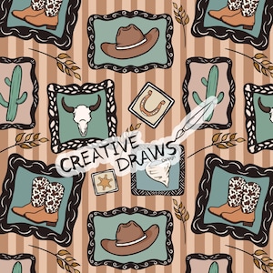 May include: A repeating pattern featuring framed illustrations of cowboy boots, hats, cacti, a horseshoe, a sheriff's badge, and a steer skull. The background has vertical stripes in shades of brown and tan. The text "CREATIVE DRAWS Design" is also present.