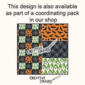 May include: Halloween-themed fabric patterns in orange, black, and green. Designs include bats, spiderwebs, ghosts, and patchwork squares. The text says, "This design is also available as part of a coordinating pack in our shop."