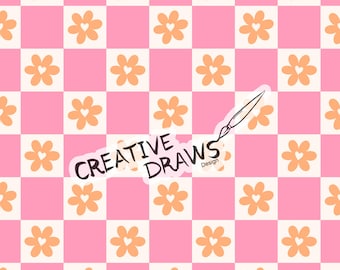 Heart Flower Checker Seamless Pattern, Orange and Pink Repeat Digital Paper