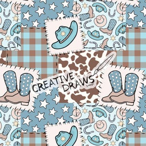Könnte beinhalten: Ein nahtloses Muster mit einem Patchwork-Design mit verschiedenen Cowboy-Elementen, darunter Sterne, Stiefel, Hüte, Hufeisen und ein Kuhfell-Druck. Der Text "CREATIVE DRAWS Design" ist im Muster enthalten.
