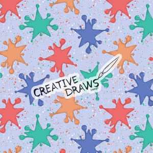 May include: A repeating pattern of colourful paint splatters in red, orange, blue, and green on a light purple background with small, colourful speckles. The text "CREATIVE DRAWS Design" is overlaid on the design.