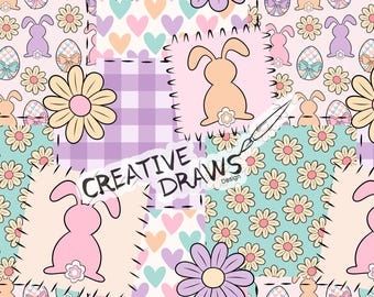 Patrón de patchwork floral sin costuras de conejito, patrón de repetición digital de Pascua para uso personal y comercial