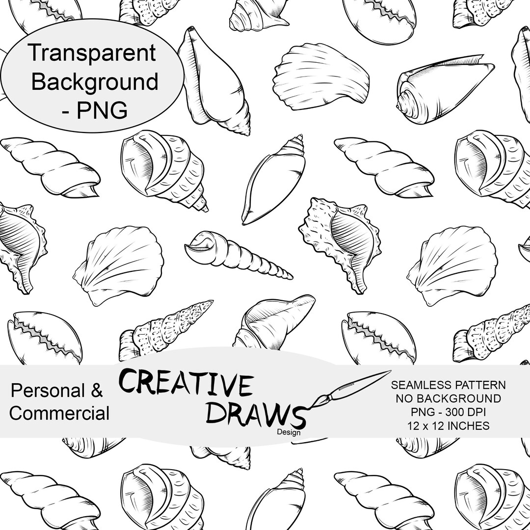 Seashell Seamless Pattern Line Art With Transparent Background, Digital ...