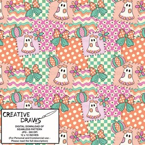 Ghost Bow Patchwork Seamless Pattern Pack, Halloween Repeat Digital Paper Set image 9