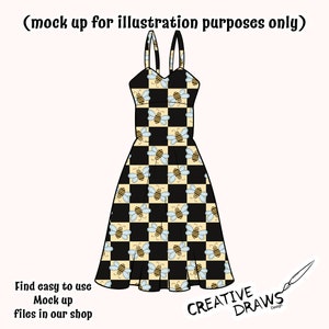 以下が含まれることがあります： 黒と黄色のチェック柄のドレスで、蜂の模様が描かれています。ドレスは細いストラップと体にフィットするボディスです。スカートはボリュームがあり、ウエストから広がっています。