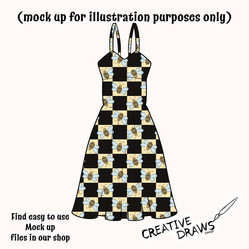 以下が含まれることがあります： 黒と黄色のチェック柄のドレスで、蜂の模様が描かれています。ドレスは細いストラップと体にフィットするボディスです。スカートはボリュームがあり、ウエストから広がっています。