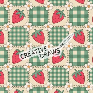 May include: A repeating pattern with red strawberries, white flowers, and green gingham squares on a beige backdrop. The design incorporates stitched edges and the text "CREATIVE DRAWS Design".