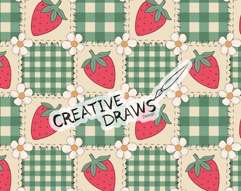 Strawberry Gingham Patchwork Seamless Pattern, Repeat Digital Paper