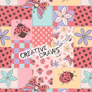May include: A seamless pattern featuring a patchwork design with various colors and shapes. The pattern includes butterflies, ladybugs, flowers, and hearts. The text "CREATIVE DRAWS Design" is also included in the pattern.