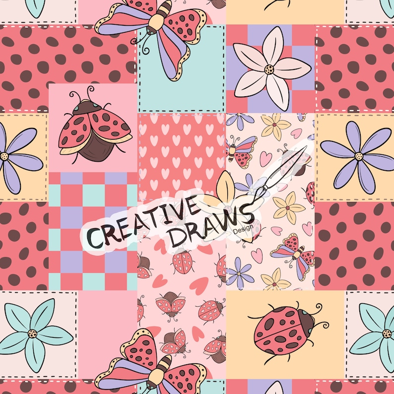 May include: A seamless pattern featuring a patchwork design with various colours and shapes. The pattern includes butterflies, ladybirds, flowers, and hearts. The text "CREATIVE DRAWS Design" is also included in the pattern.