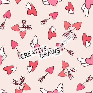 May include: A repeating pattern of pink and red hearts, arrows, and winged hearts on a light pink background. The design includes the text "CREATIVE DRAWS Design" in a white banner.