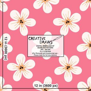 Pu&ograve; includere: Un motivo digitale senza cuciture con fiori bianchi e centri arancioni su sfondo rosa. Il motivo misura 30,48 x 30,48 cm e include il testo "CREATIVE DRAWS Design" e "DIGITAL DOWNLOAD OF SEAMLESS PATTERN".