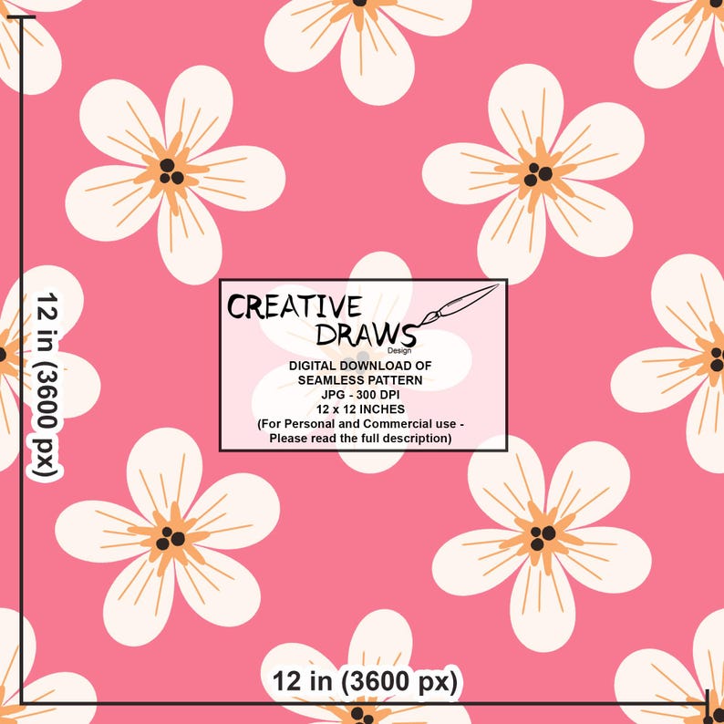 Pu&ograve; includere: Un motivo digitale senza cuciture con fiori bianchi e centri arancioni su sfondo rosa. Il motivo misura 30,48 x 30,48 cm e include il testo "CREATIVE DRAWS Design" e "DIGITAL DOWNLOAD OF SEAMLESS PATTERN".