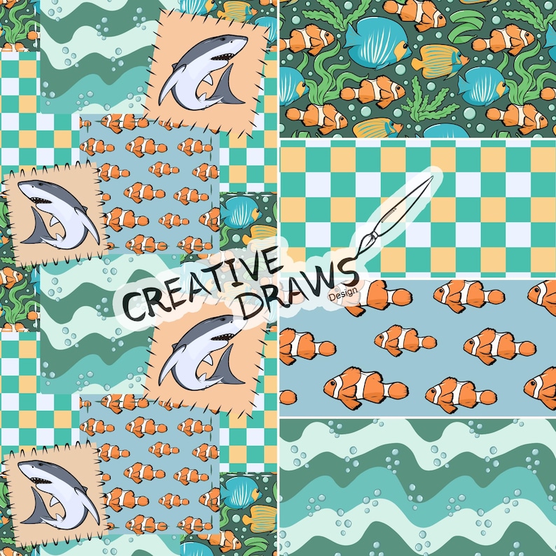 May include: A patchwork design with cartoon sharks, clownfish, and other marine life. The design incorporates wavy lines, chequered patterns, and the text "CREATIVE DRAWS Design". The colour scheme includes blues, oranges, and greens.