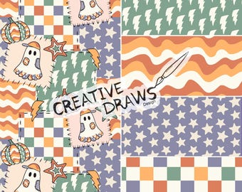 Ghost Pumpkin Patchwork Seamless Pattern Pack, Halloween Repeat Digital Paper Set