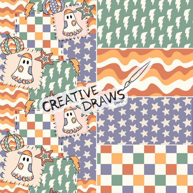 Ghost Pumpkin Patchwork Seamless Pattern Pack, Halloween Repeat Digital Paper Set imagen 1