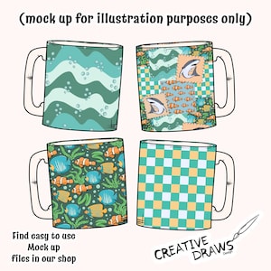 May include: Four ceramic mugs with different designs. One mug has teal waves and bubbles, another has a patchwork design with sharks and fish, a third shows colourful fish and seaweed, and the last has a teal and yellow checkerboard pattern. Text on the image reads "Find easy to use Mock up files in our shop."