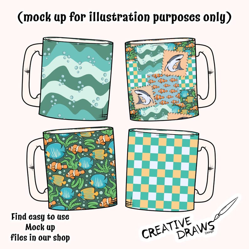 May include: Four ceramic mugs with different designs. One mug has teal waves and bubbles, another has a patchwork design with sharks and fish, a third shows colourful fish and seaweed, and the last has a teal and yellow checkerboard pattern. Text on the image reads "Find easy to use Mock up files in our shop."