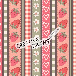 May include: A seamless pattern with vertical stripes of pink, green, brown, and white. The stripes feature different designs, including gingham, hearts, flowers, and strawberries. The text "CREATIVE DRAWS Design" is visible in the center of the image.