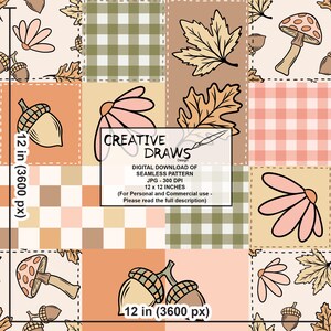 May include: A digital seamless pattern design featuring a patchwork of squares with autumn-themed illustrations. The design includes acorns, mushrooms, leaves, and flowers in shades of beige, orange, and green. The pattern is 12 x 12 inches.