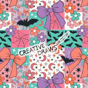 May include: A colorful patchwork pattern featuring bows, bats, flowers, stars, moons, and spiderwebs. The text "CREATIVE DRAWS Design" is in the center of the image.