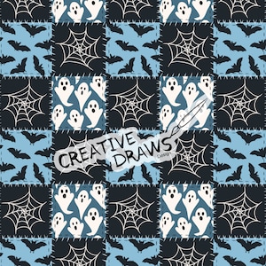May include: A seamless pattern featuring a patchwork design with various Halloween elements. The pattern includes ghosts, bats, and spiderwebs in black and white on a blue background. The text "CREATIVE DRAWS Design" is included in the pattern.
