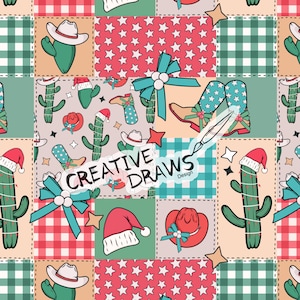 May include: A seamless pattern featuring a patchwork design with various Christmas and cowboy themed elements. The pattern includes cacti, cowboy hats, boots, bows, stars, and plaid fabric. The text "CREATIVE DRAWS Design" is included in the pattern.