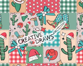 Christmas Western Patchwork Seamless Pattern, Digital Repeat Pattern for Personal and Commercial use