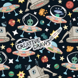 Może przedstawiać: Wzór bez szwów z kreskówkowymi ilustracjami latających spodków, kosmitów, gwiazd i planet na ciemnoniebieskim tle. Wzór idealnie nadaje się do tkanin, tapet lub papieru do pakowania.