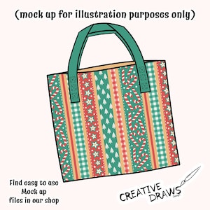 Op de afbeelding: Een rechthoekige draagtas met een groene handgreep en een feestelijk patroon. Het patroon bevat zuurstokken, sterren en kerstbomen in rode, witte en groene strepen. De tekst "(mock up for illustration purposes only)" staat bovenaan.