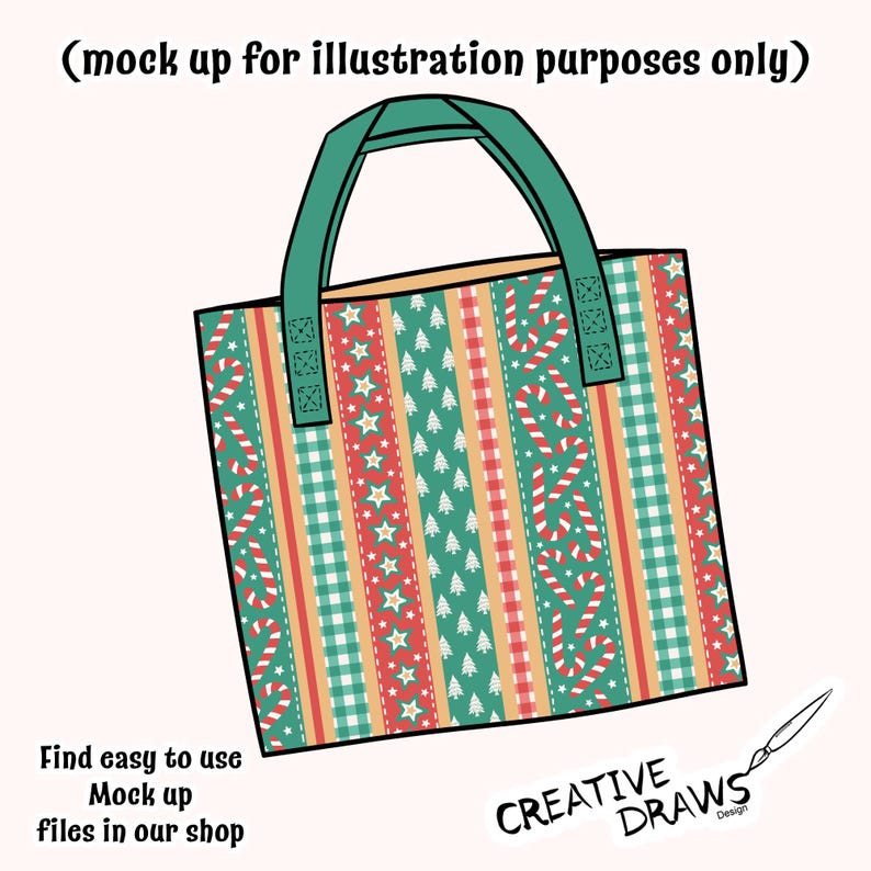 Op de afbeelding: Een rechthoekige draagtas met een groene handgreep en een feestelijk patroon. Het patroon bevat zuurstokken, sterren en kerstbomen in rode, witte en groene strepen. De tekst "(mock up for illustration purposes only)" staat bovenaan.