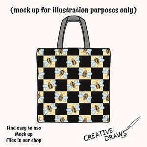 以下が含まれることがあります： 黒と黄色の市松模様のトートバッグで、漫画の蜂が繰り返しパターンになっています。バッグには黒いハンドルが付いています。
